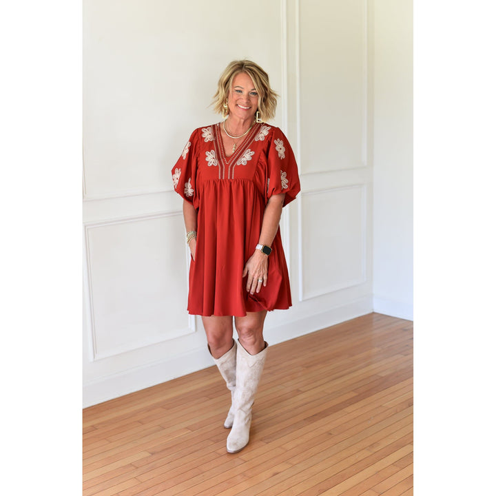 puff sleeve rust dress