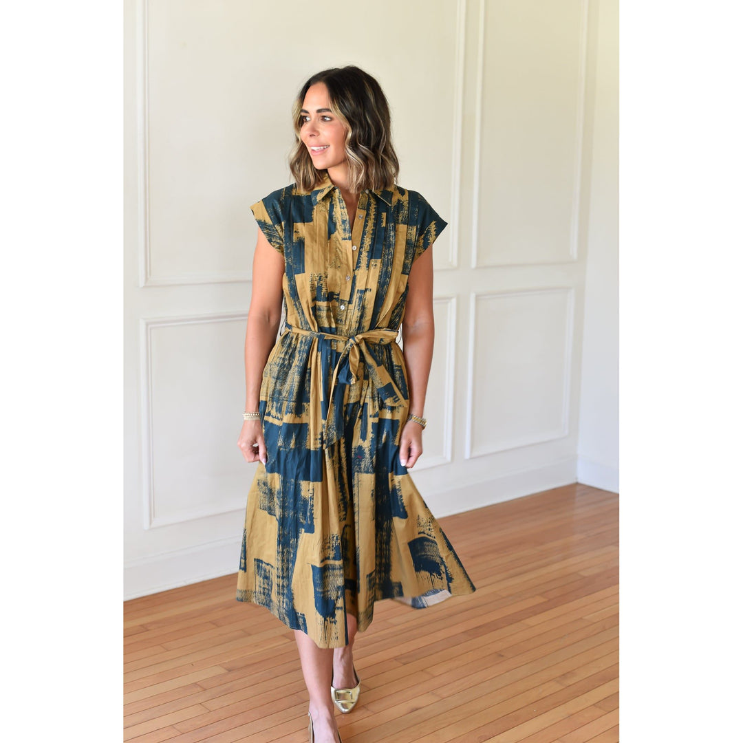 mustard and blue belted dress