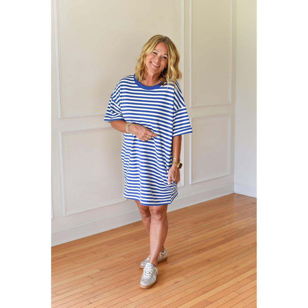 blue striped mini dress