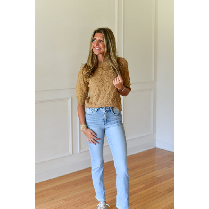 tan short sleeve sweater