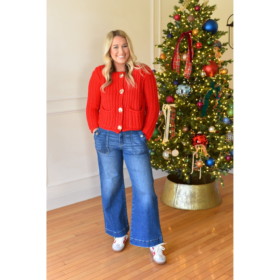 red knit cardigan