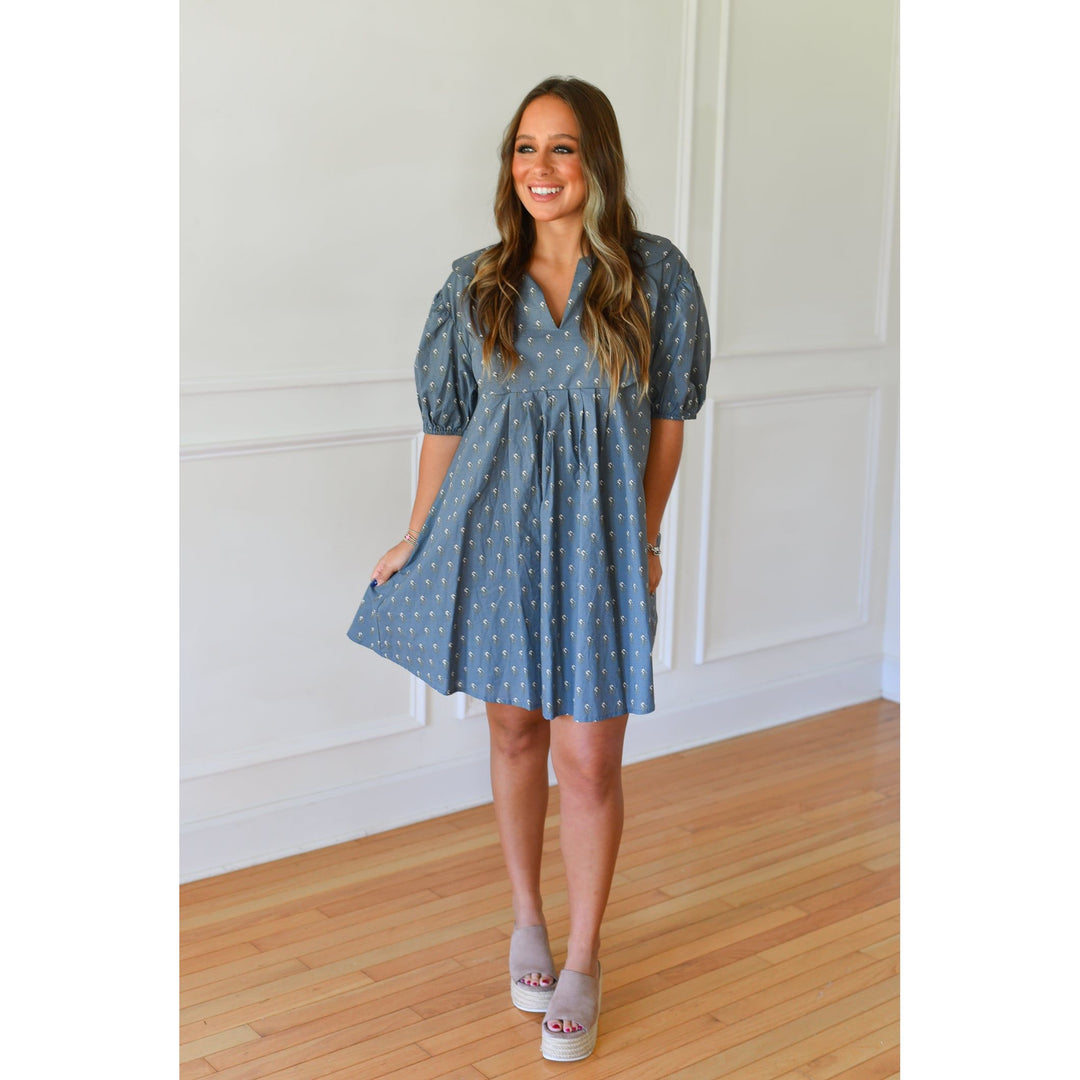 mini dress in denim blue with flowers