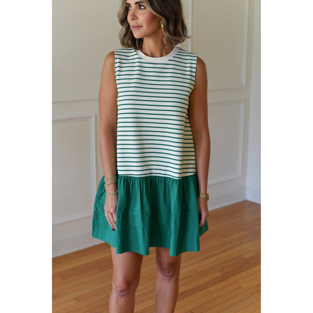 green striped dress with ruffle bottom