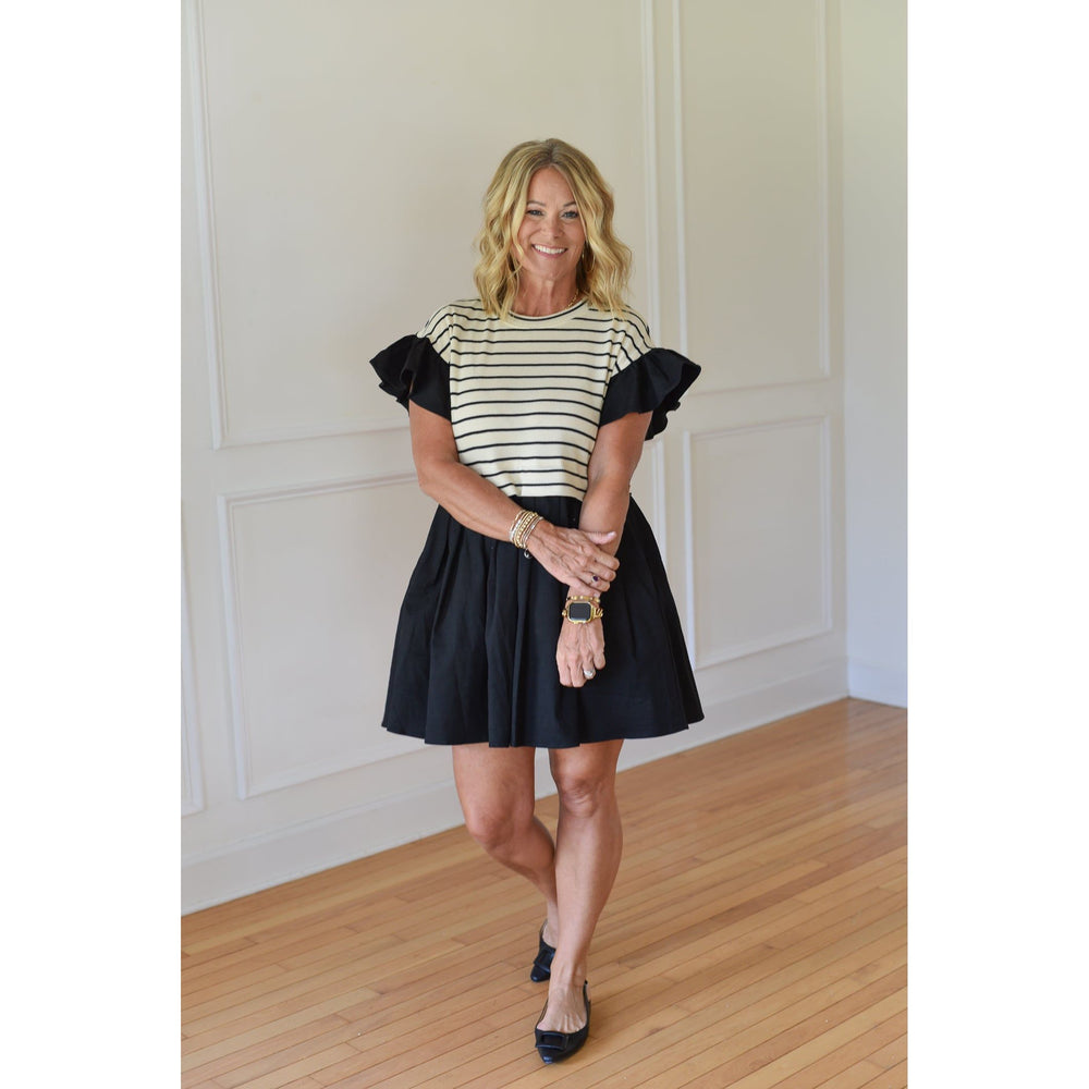 striped dress with black denim