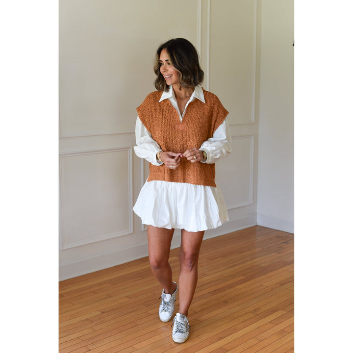 white bubble hem dress with vest