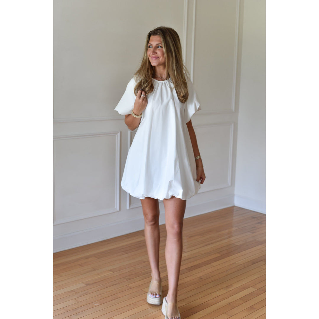 white dress with bubble hem