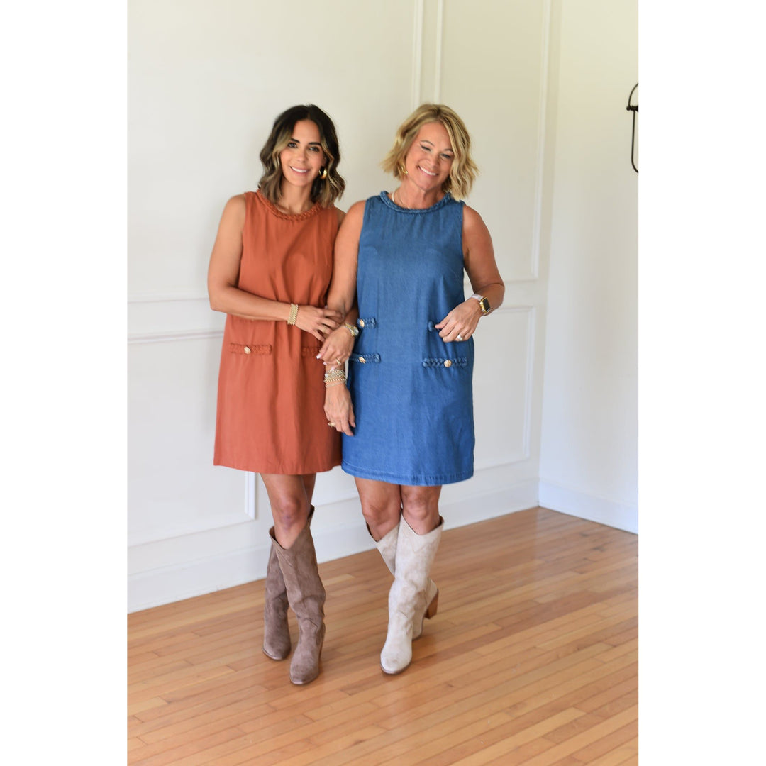 rust and denim dresses