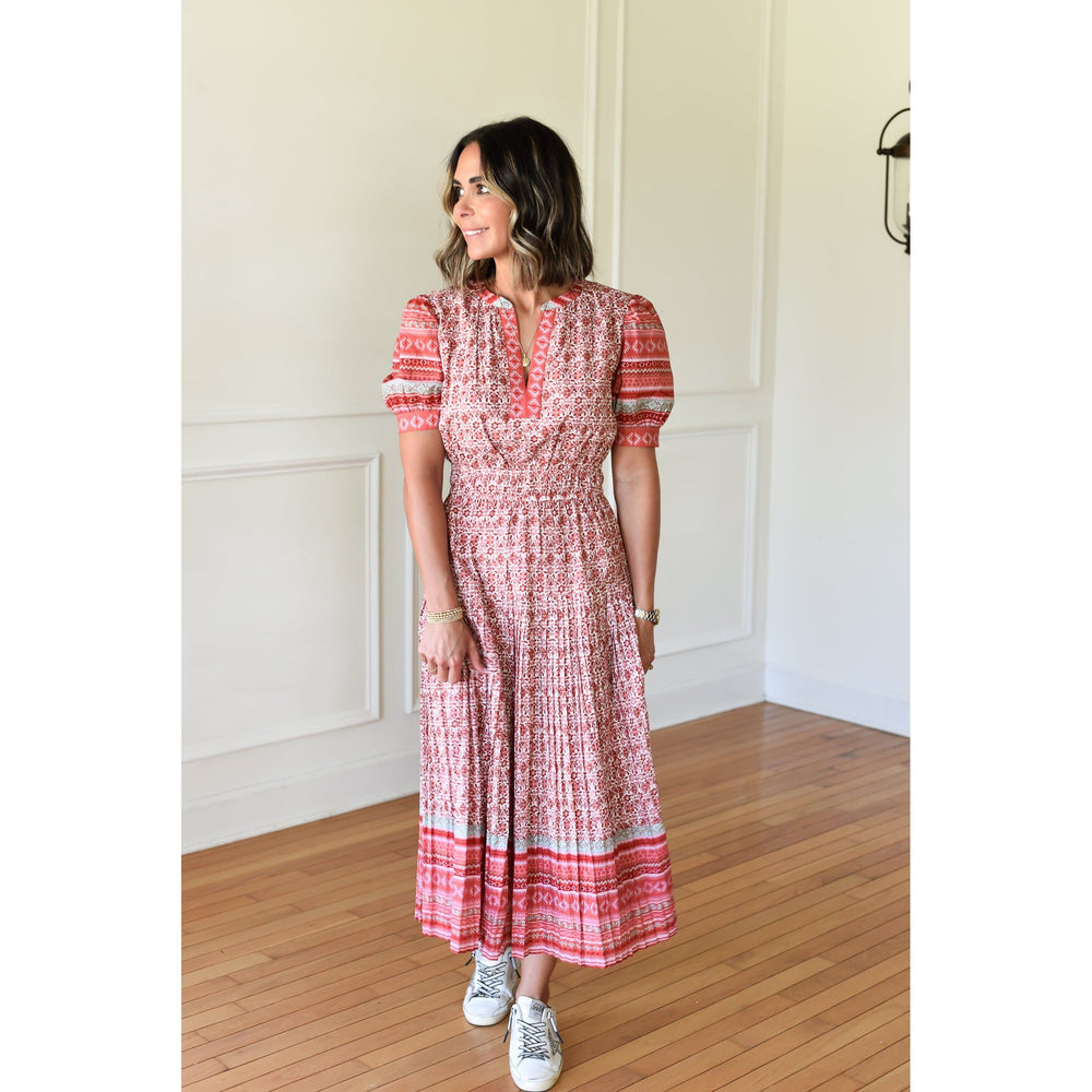 red multi colored midi dress