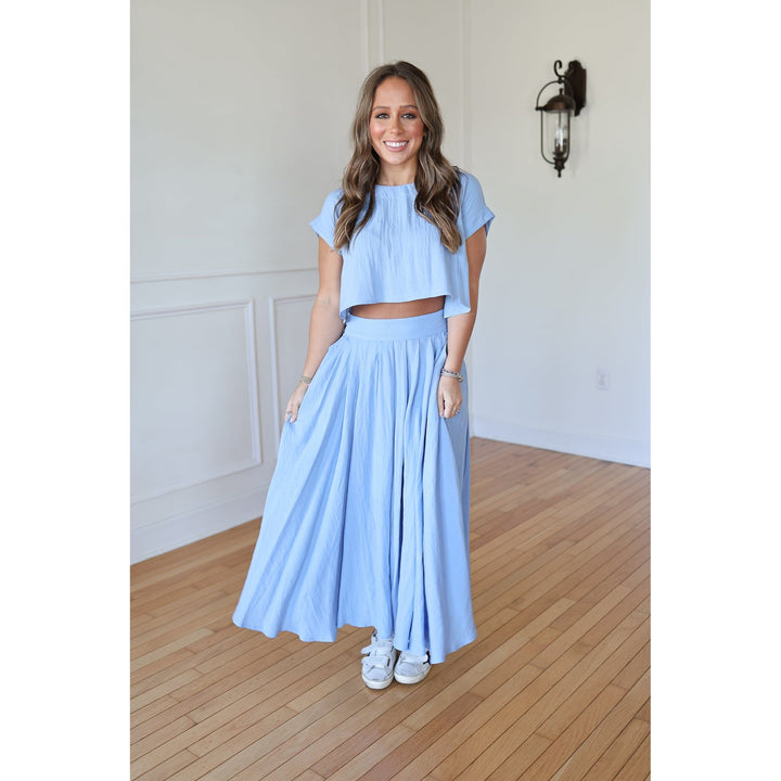 French Blue Crop Top and Midi Skirt Set