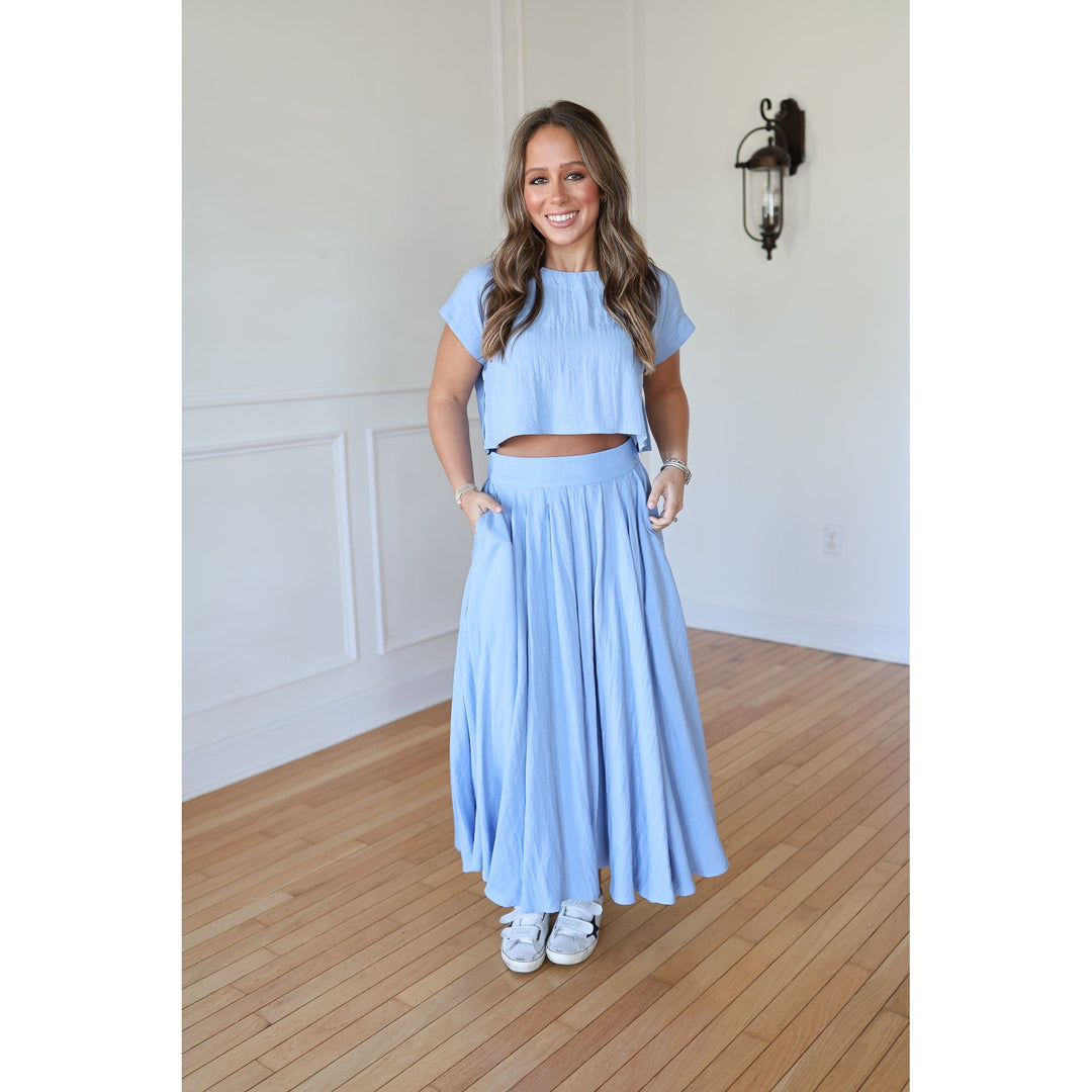 French Blue Crop Top and Midi Skirt Set