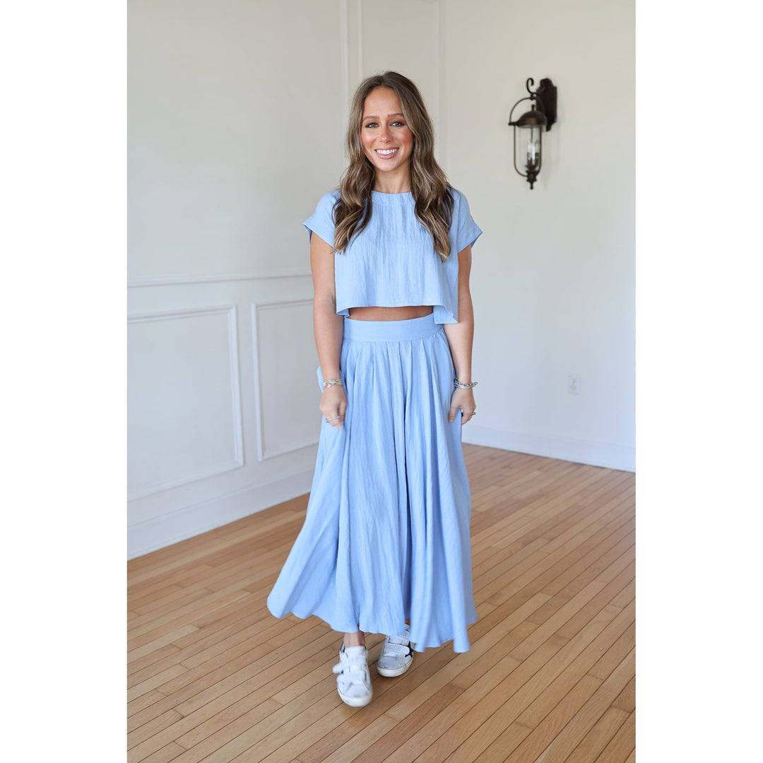 French Blue Crop Top and Midi Skirt Set