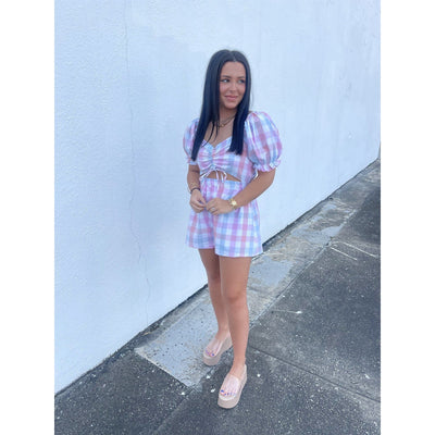 gingham print romper with stomach cut out