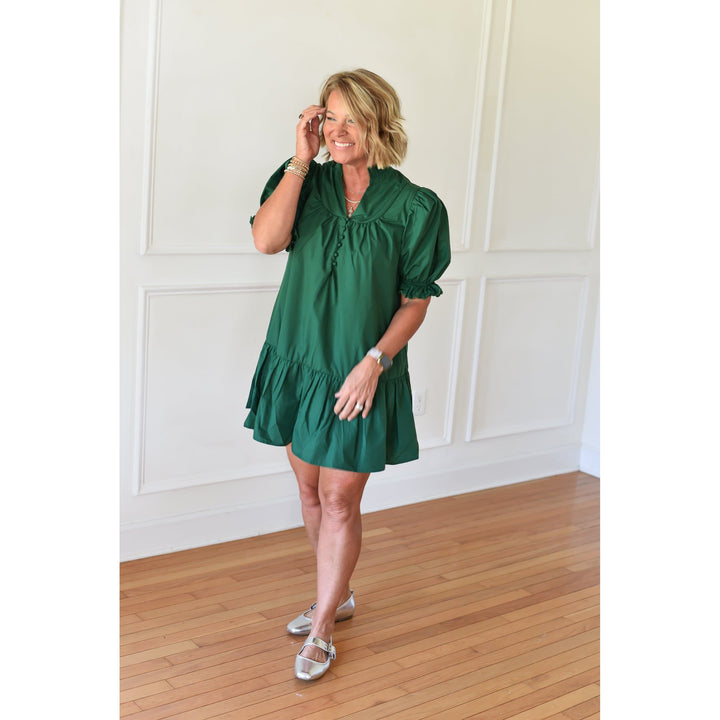 green high neck ruffle dress