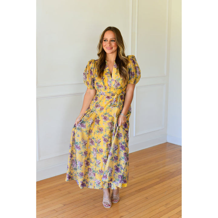 puff sleeve maxi dress in yellow and florals