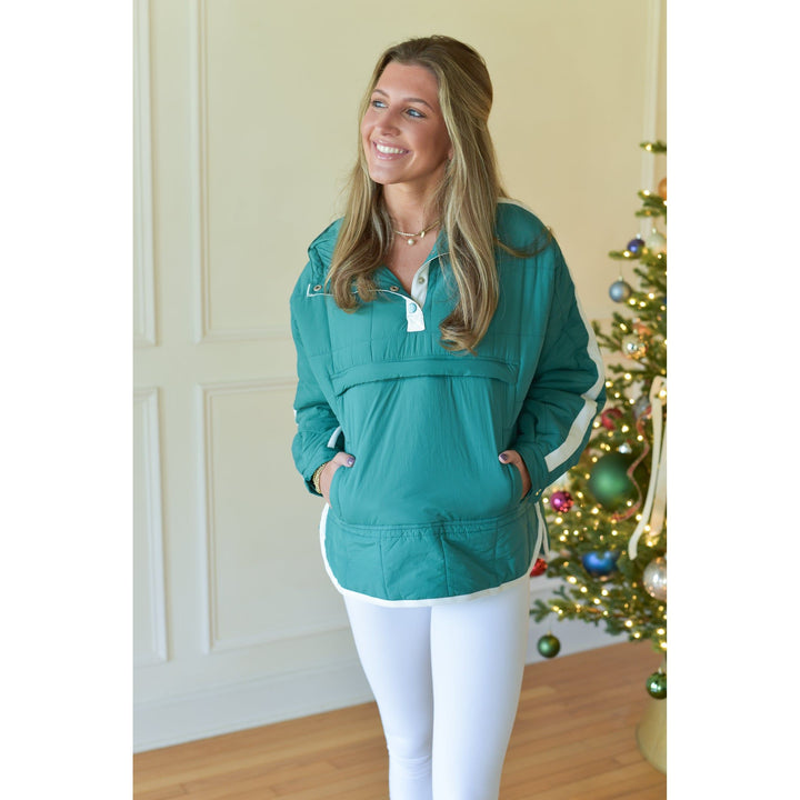 green puffy pullover jacket