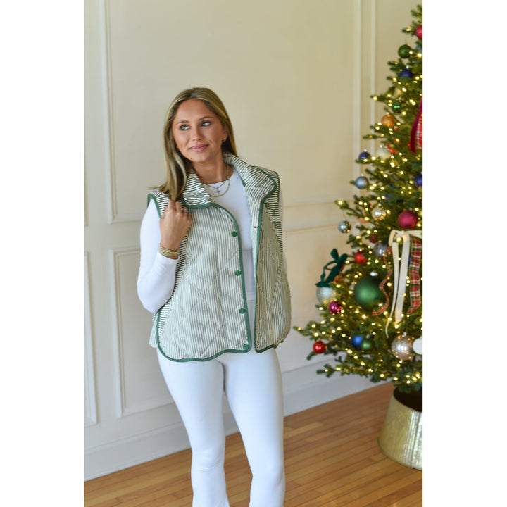 green and white striped vest